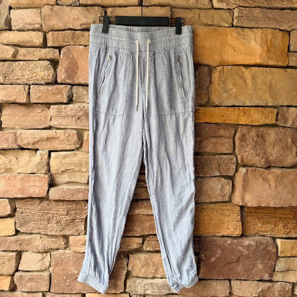 Athleta Women 2 Cabo Linen Jogger Blue Smocked Waist Zipper Pockets Athleisure - Picture 2 of 12